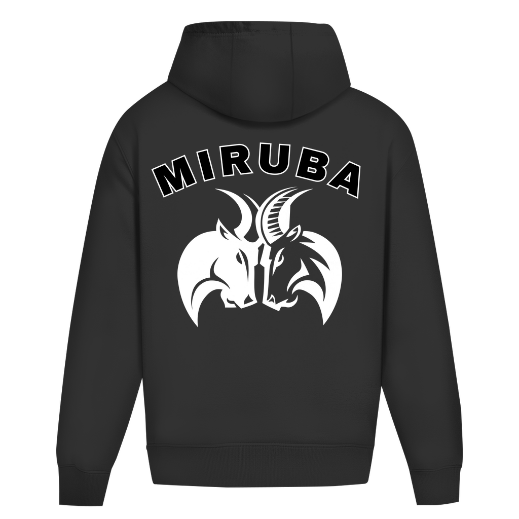 Oversize Hoodie ohne Kordel in Schwarz mit großem MIRUBA Logo auf dem Rücken