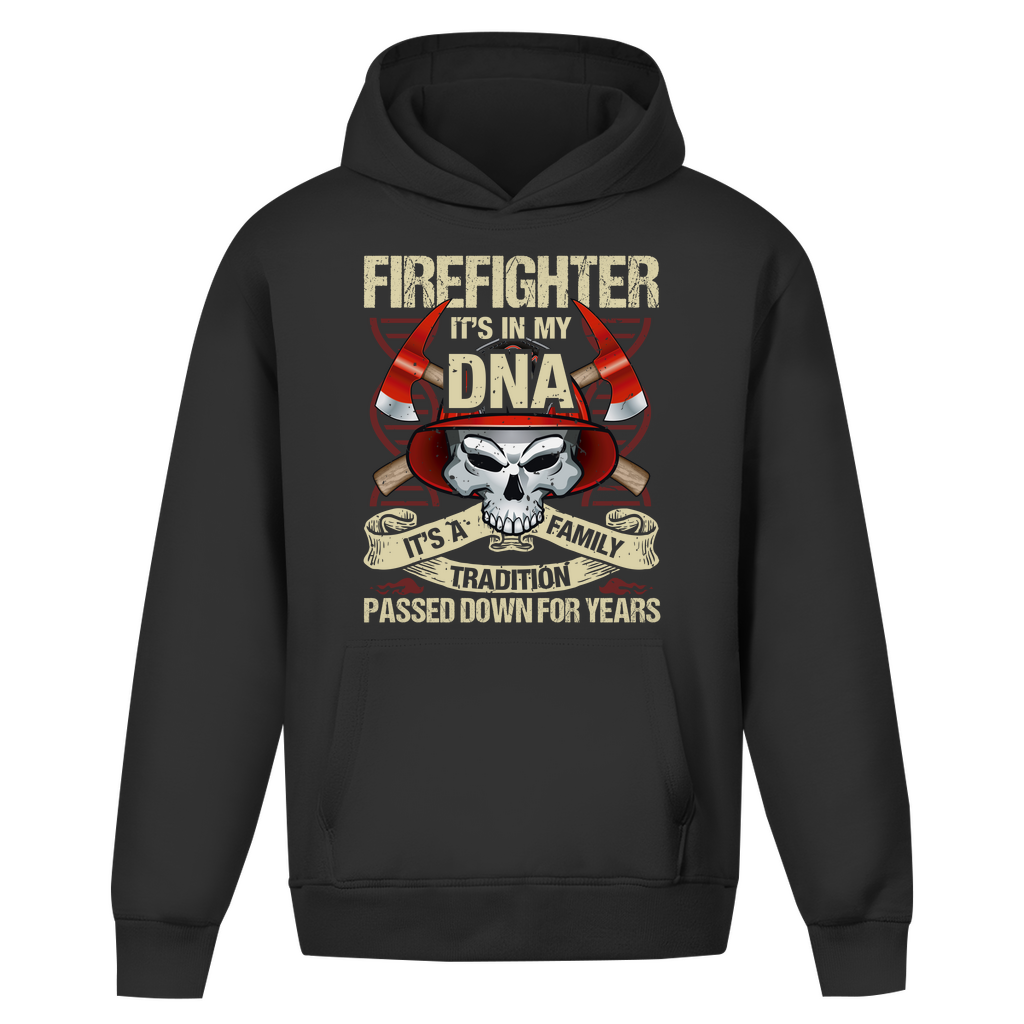 Oversize Hoodie ohne Kordel in Tiefschwarz mit Firefighter DNA Design auf der Brust