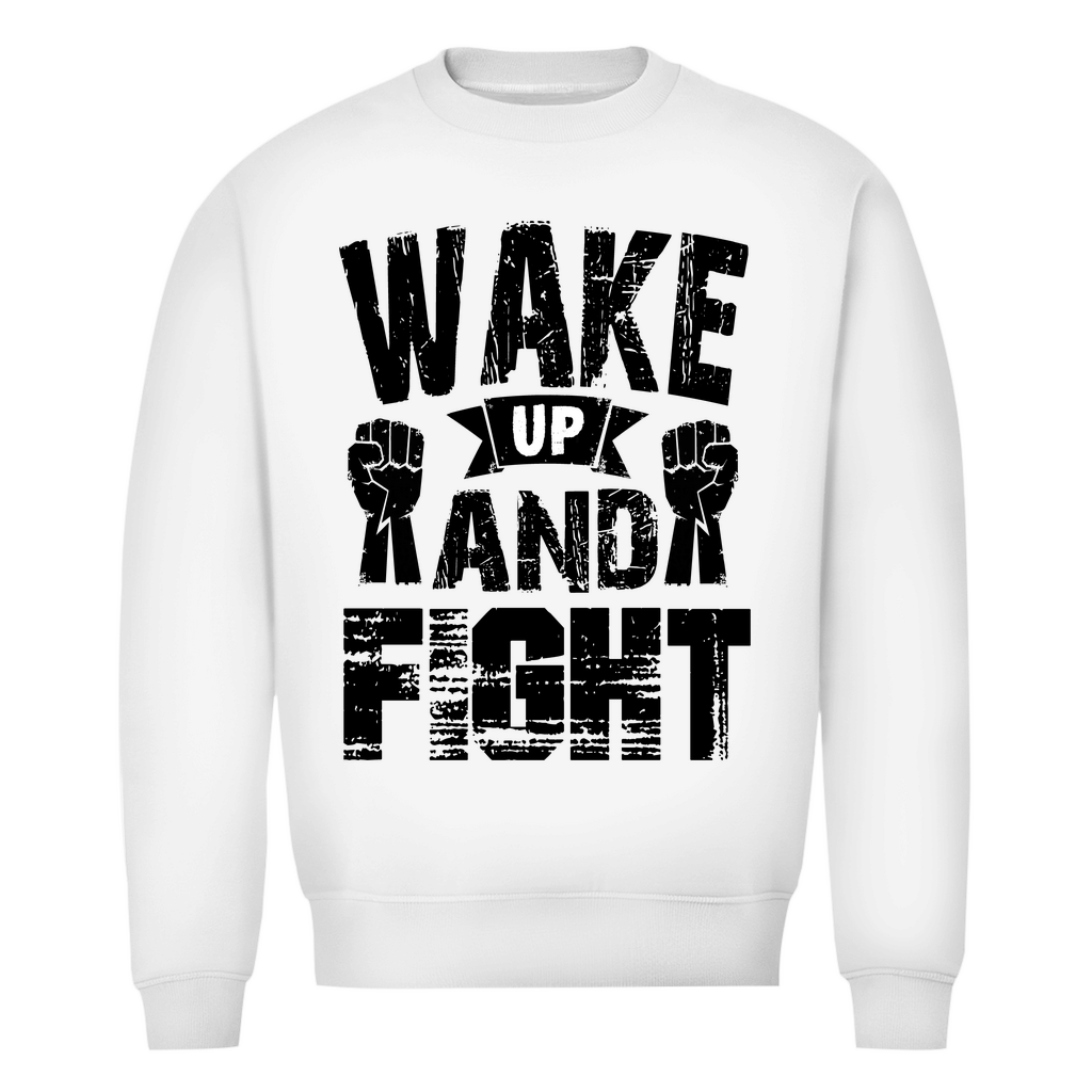 Herren Premium Bio Sweatshirt in Schneeweiß mit Wake up and Fight Design auf der Brust