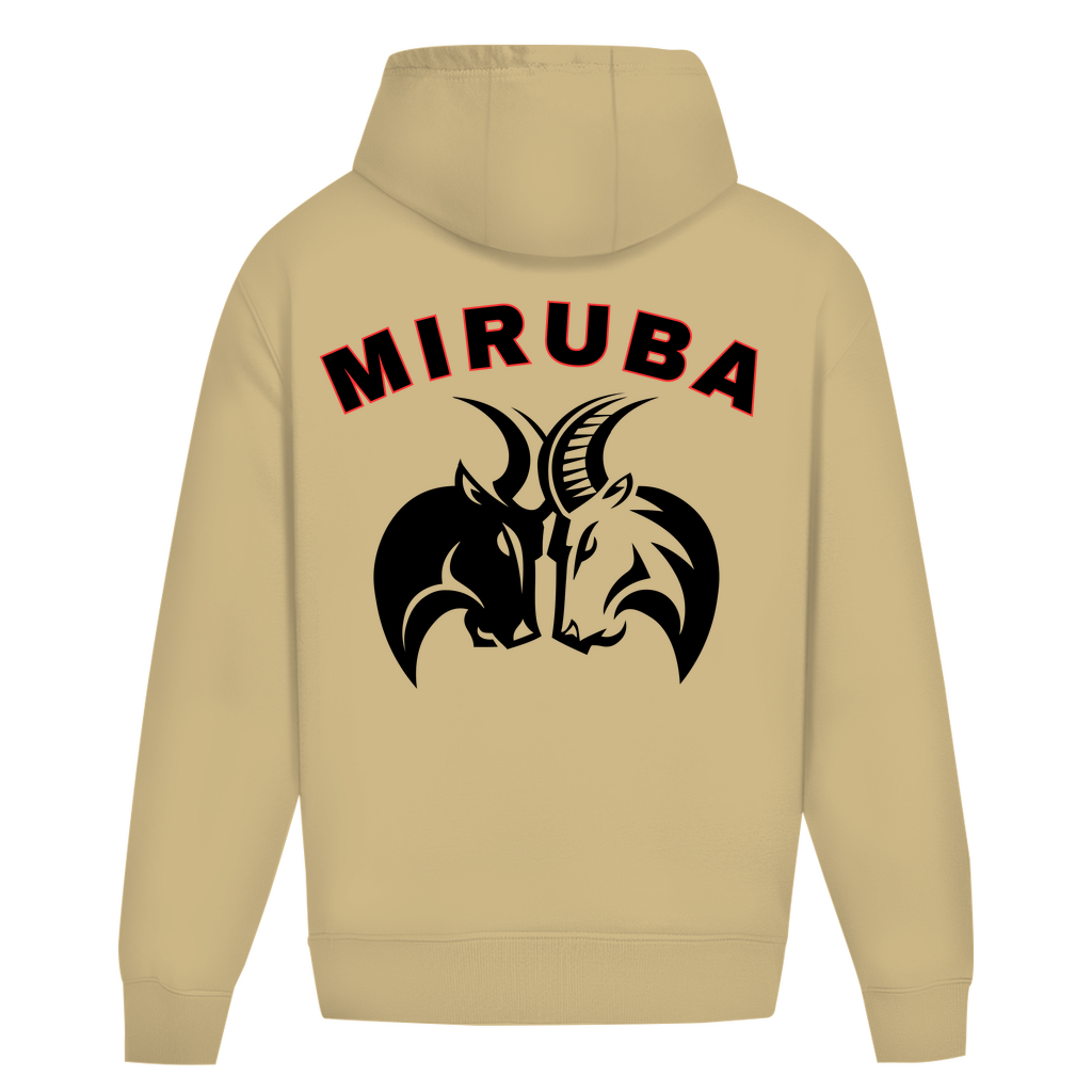 Oversize Hoodie ohne Kordel in Sand Farbe mit großem MIRUBA Logo auf dem Rücken