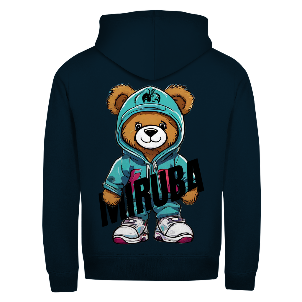 Herren Zipper Hoodie in Marineblau  und einem Teddybaer Design mit MIRUBA Schriftzug in der Hand auf dem Rücken