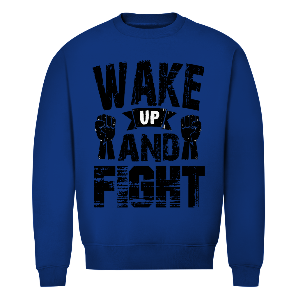 Herren Premium Bio Sweatshirt in Royalblau mit Wake up and Fight Design auf der Brust