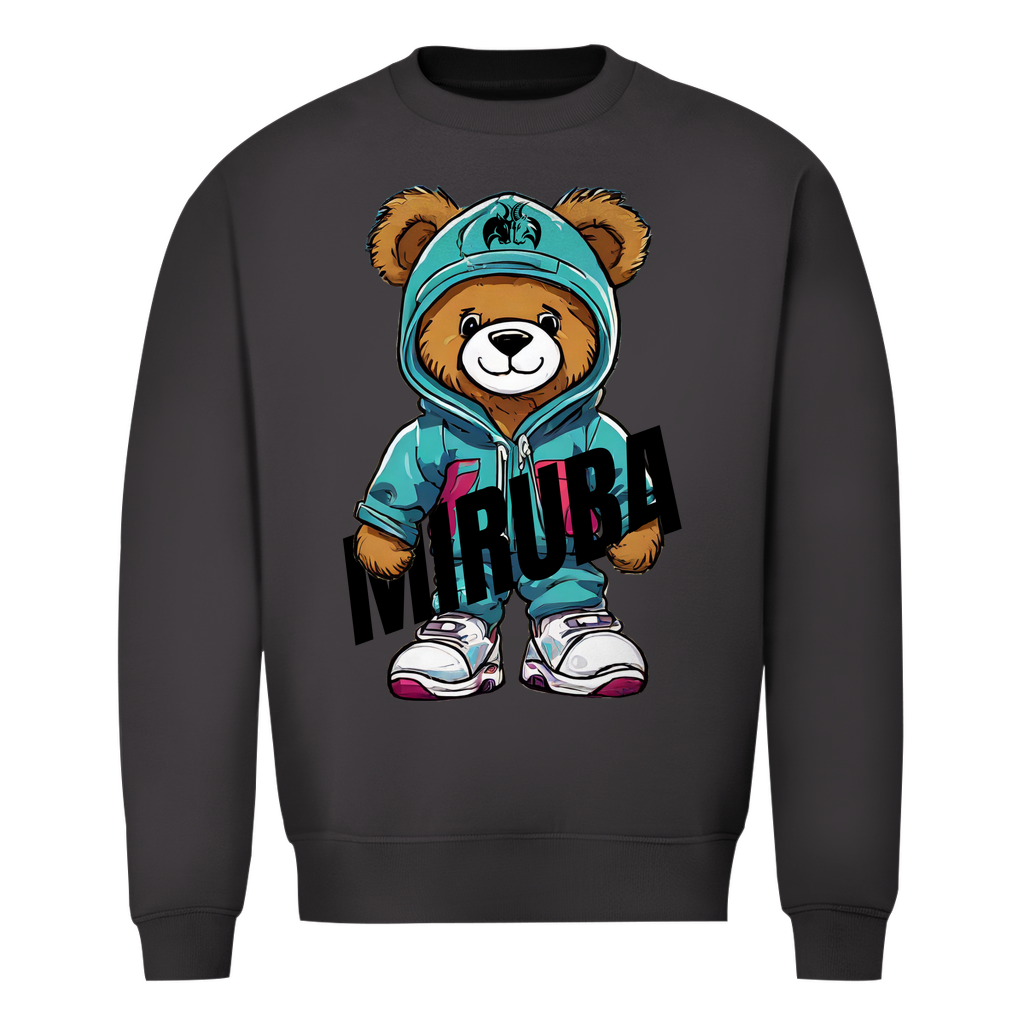 Herren Sweatshirt in Asphaltfarbe und einem Teddybaer mit MIRUBA Schriftzug in der Hand Design auf der Brust