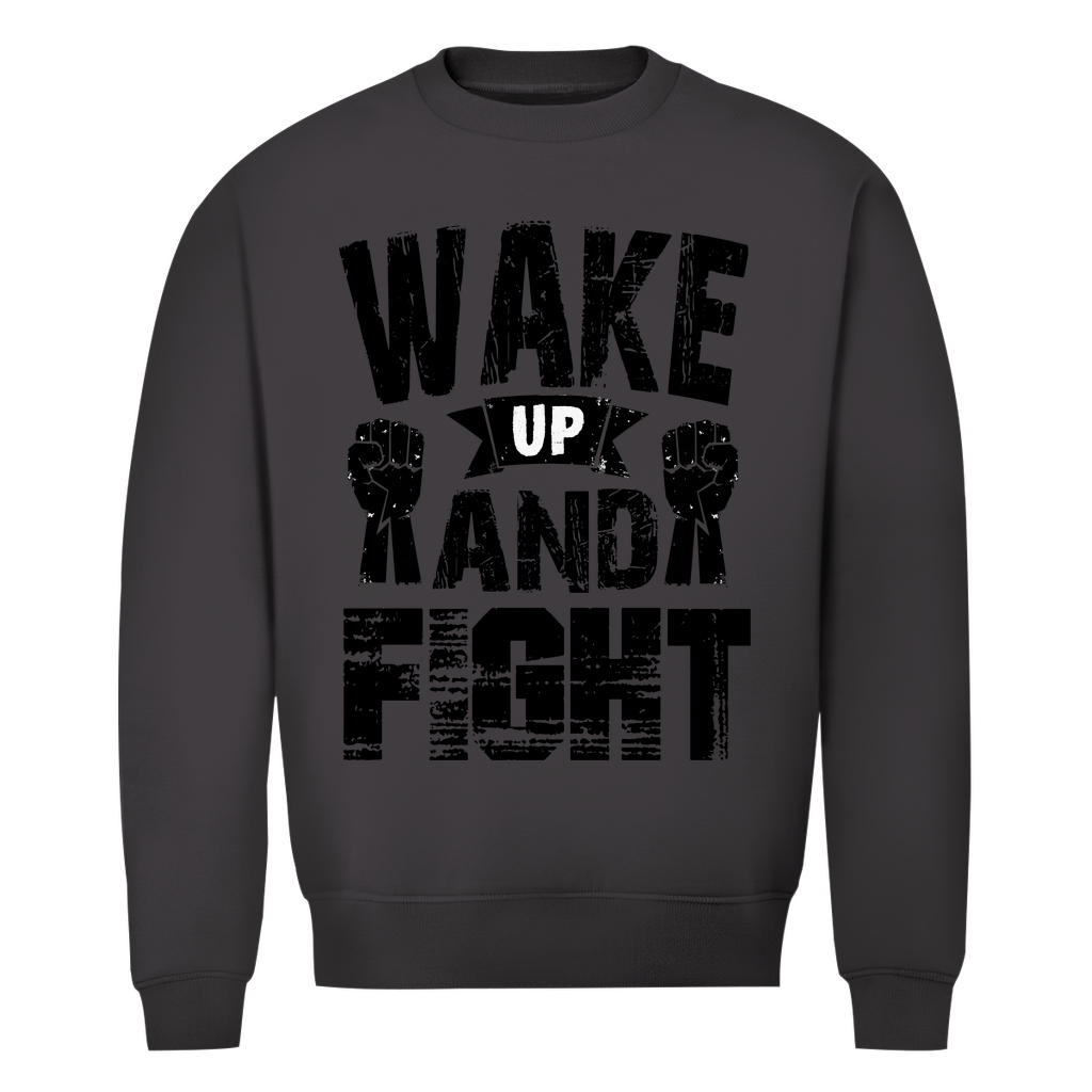 Herren Premium Bio Sweatshirt in Dunkelgrau mit Wake up and Fight Design auf der Brust