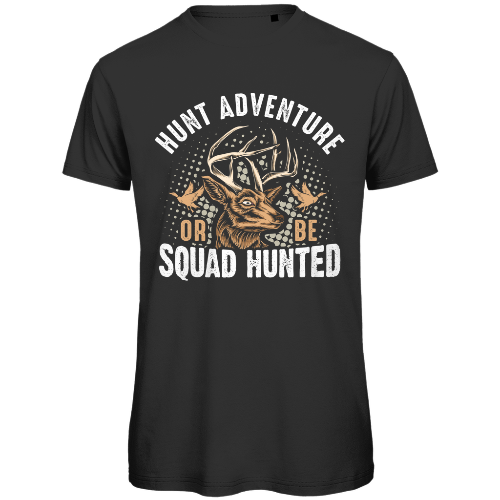 Herren Premium Bio T-Shirt in Schwarz mit Hunt Adventure Design auf der Brust