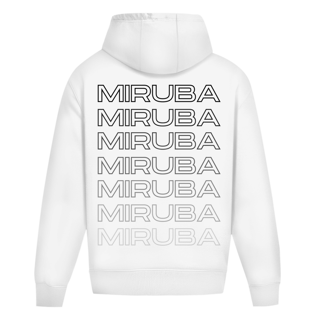 Oversize Hoodie ohne Kordel in Weiß mit einem MIRUBA Schriftzug auf dem Rücken