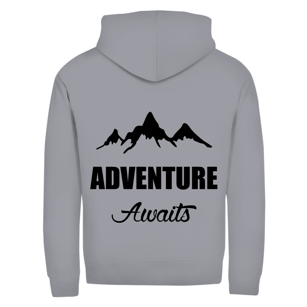 Herren Zipper Hoodie in Hellgrau mit Adventure Awaits Design auf dem Rücken