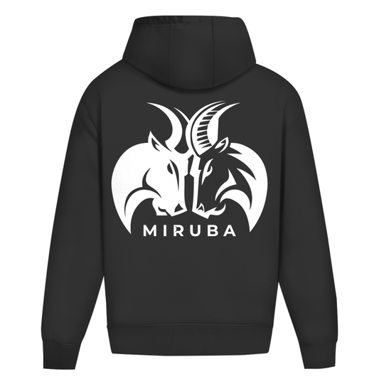 Oversize Hoodie ohne Kordel in Schwarz mit großem MIRUBA Logo auf dem Rücken