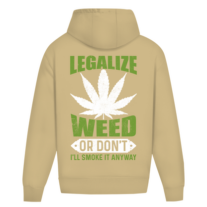 Oversize Hoodie ohne Kordel in Wüstensand Farbe mit Legalize Weed Design auf dem Rücken