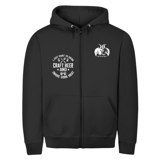 Herren Zipper Hoodie in Schwarz mit kleinem MIRUBA Logo und Craft Beer Design auf der Brust 