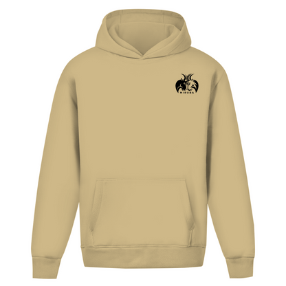 Oversize Hoodie ohne Kordel in Sand Farbe mit kleinem MIRUBA Logo auf der Brust