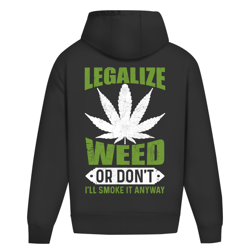 Oversize Hoodie ohne Kordel in Schwarz mit Legalize Weed Design auf dem Rücken