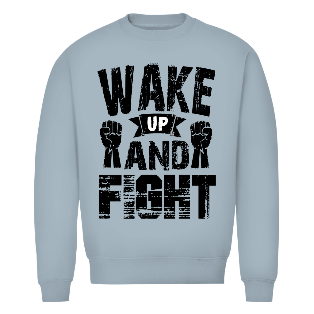 Herren Premium Bio Sweatshirt in Nebelblau mit Wake up and Fight Design auf der Brust