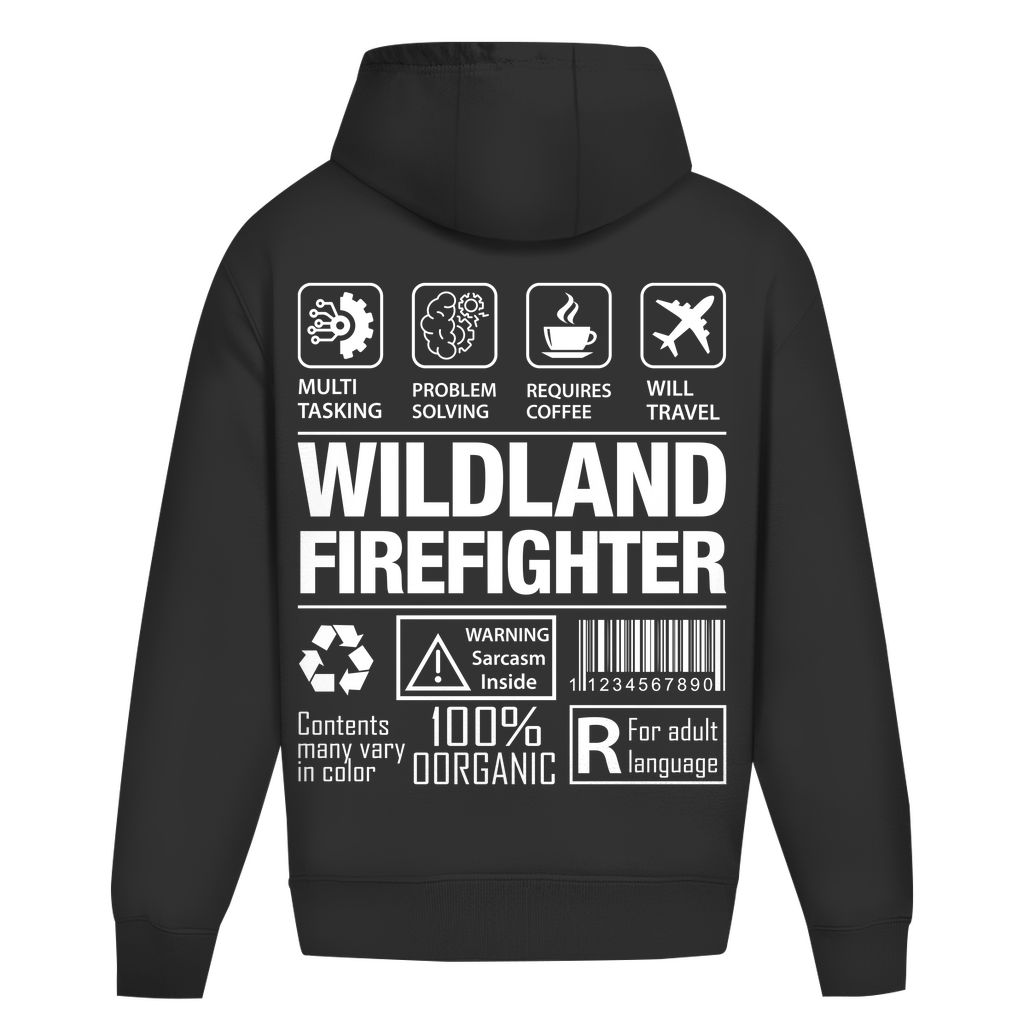 Oversize Hoodie ohne Kordel in Tiefschwarz mit Wildland Firefighter Design auf dem Rücken