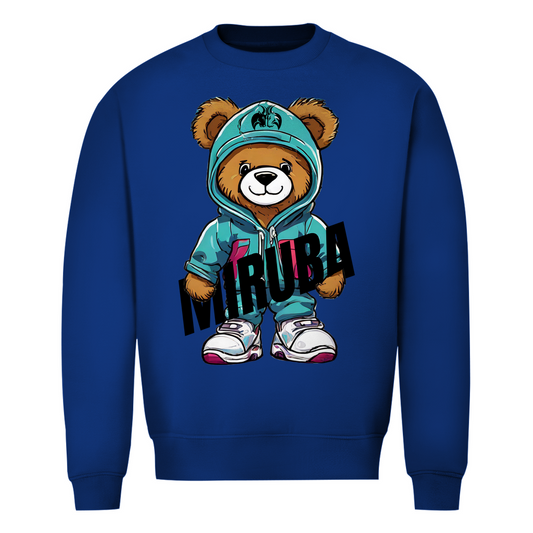 Herren Sweatshirt in Royalblau und einem Teddybaer mit MIRUBA Schriftzug in der Hand Design auf der Brust