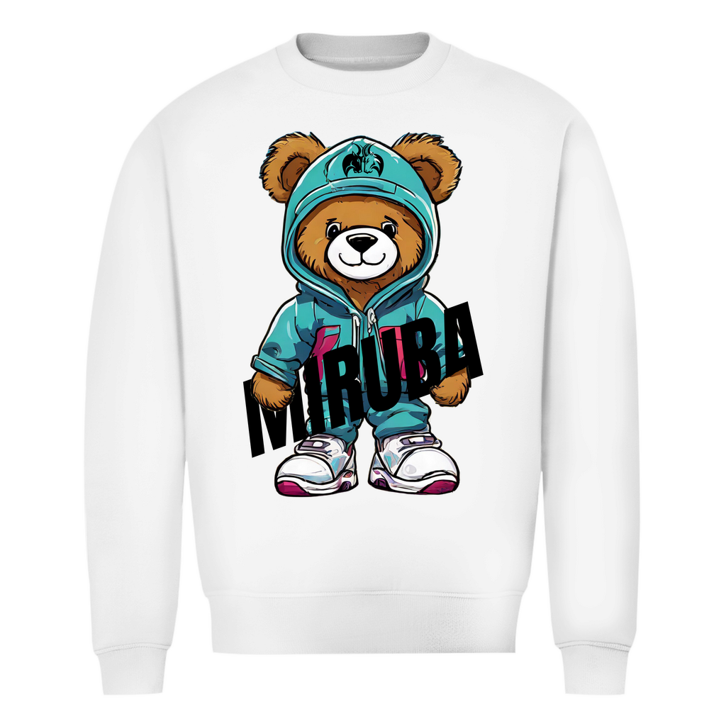 Herren Sweatshirt in Weiß und einem Teddybaer mit MIRUBA Schriftzug in der Hand Design auf der Brust