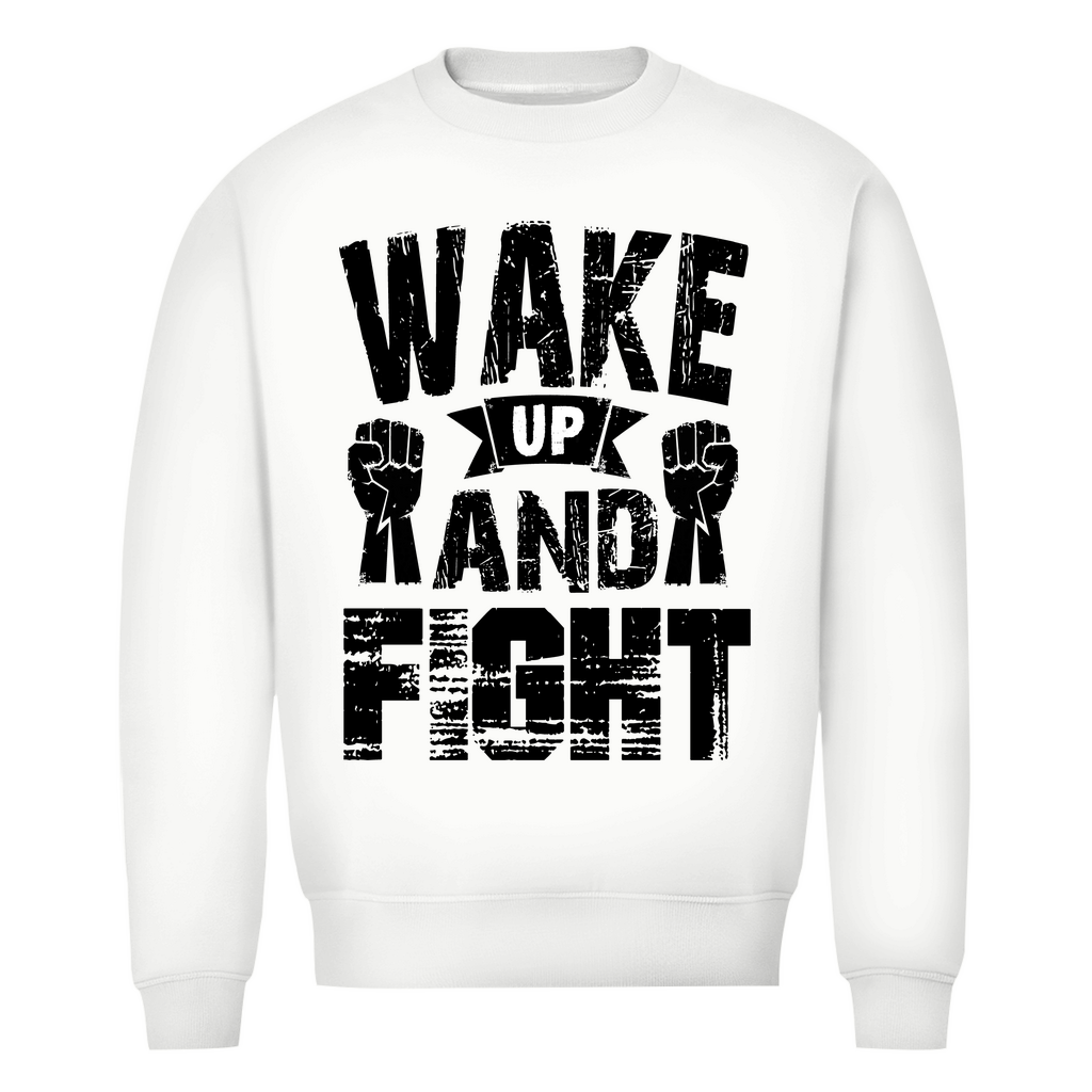 Herren Premium Bio Sweatshirt in Weiß mit Wake up and Fight Design auf der Brust