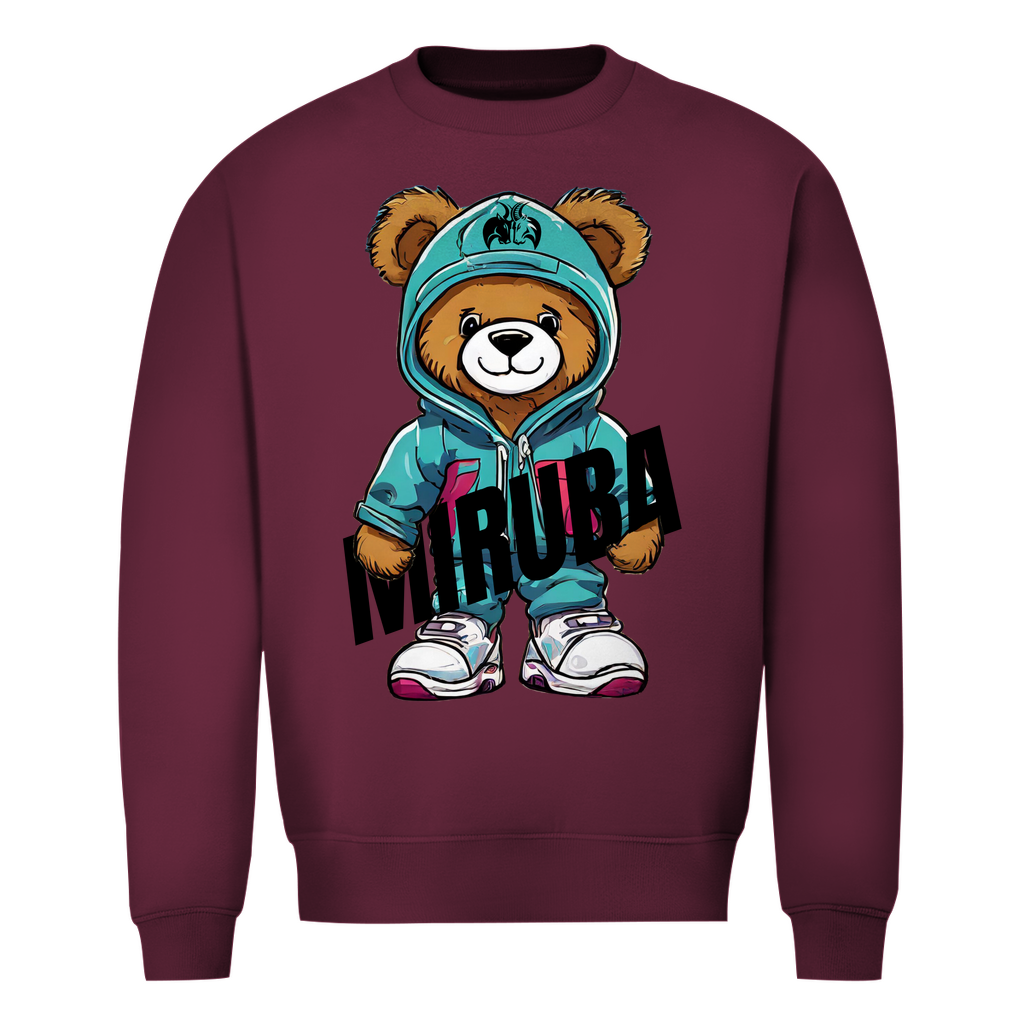 Herren Sweatshirt in Weinrot und einem Teddybaer mit MIRUBA Schriftzug in der Hand Design auf der Brust